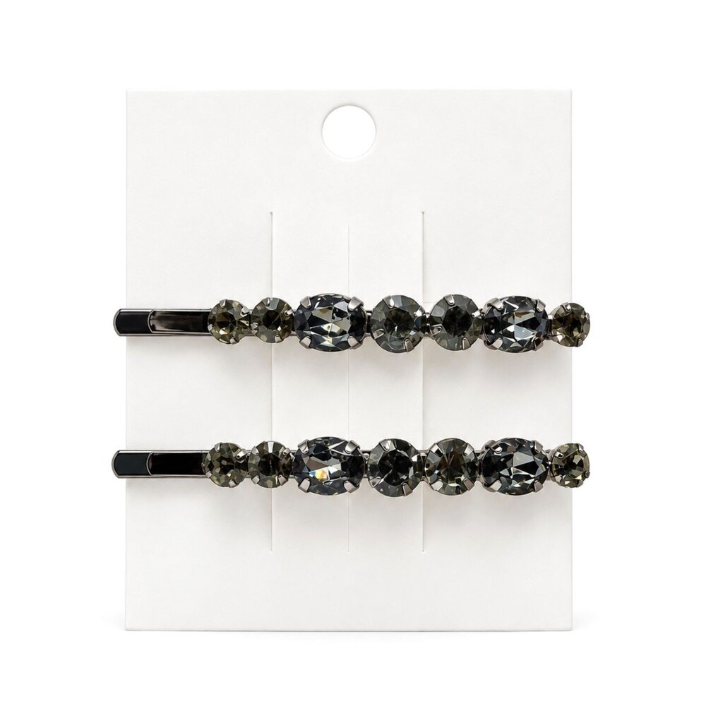 Smoky Black Crystal Rhinestone Bobby Pins Silver Hair Clips Geometric 2pc NEW